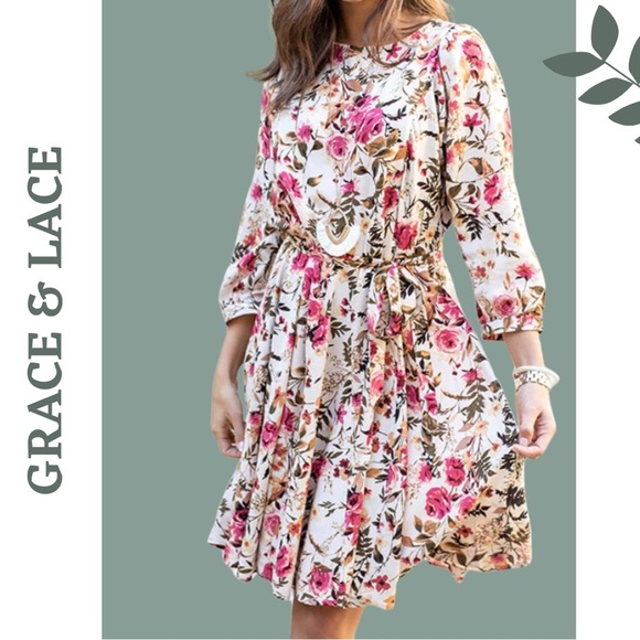 Grace & Lace Milan’s Floral Dress Waist Tie 3/4 Sleeve Cream Green Size Small - Picture 1 of 9